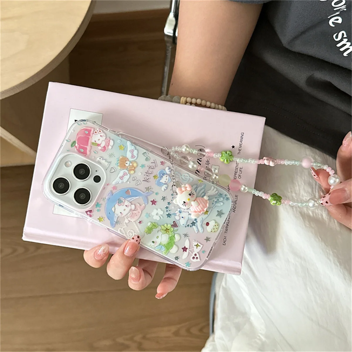 

Kawaii Dolphin Hello Kitty Phone Case For iPhone 16 Pro 15 14 13 Pro Max Cover with Chain Shockproof Cute Cartoon Cases