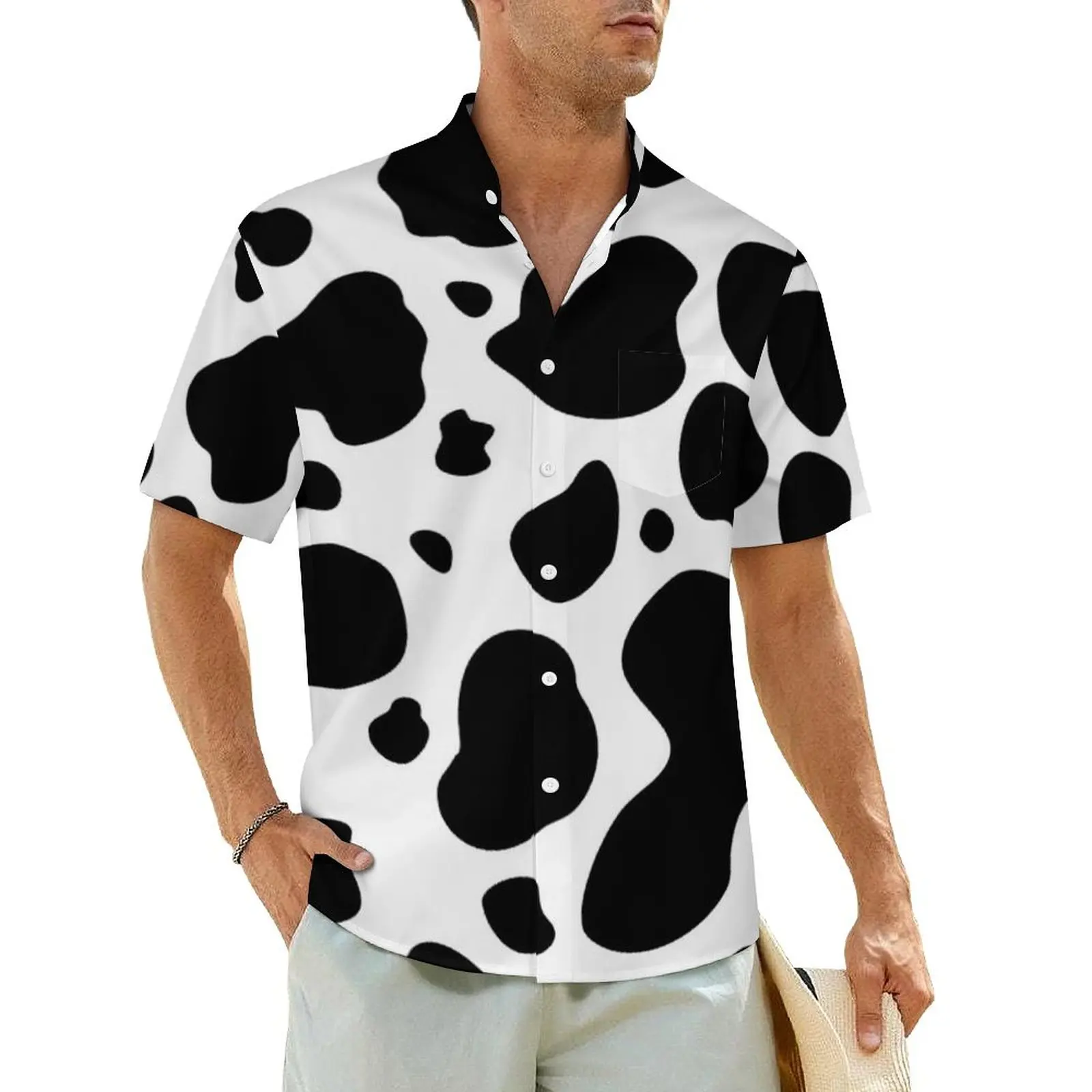 Black And White Cow Print Beach Shirt Cow Spots Hawaiian Casual Shirts Male Vintage Blouses Short-Sleeve Comfortable Clothing