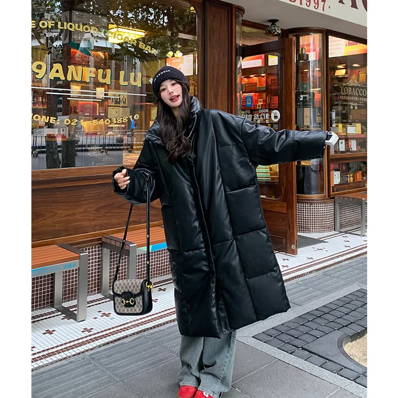 Black Down Jacket Women PU Leather Coat Keep Thickening Warm Fashion Streetwear Duck Down Feather Female Y2K Winter Long Outwear