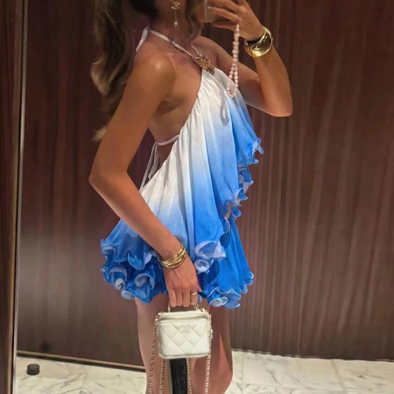 Ruffle Design Slim Backless Women's Outfit Casual Printed Gradient Holiday Suit Fashion Hanging Neck Crop Top & Shorts Beach Set