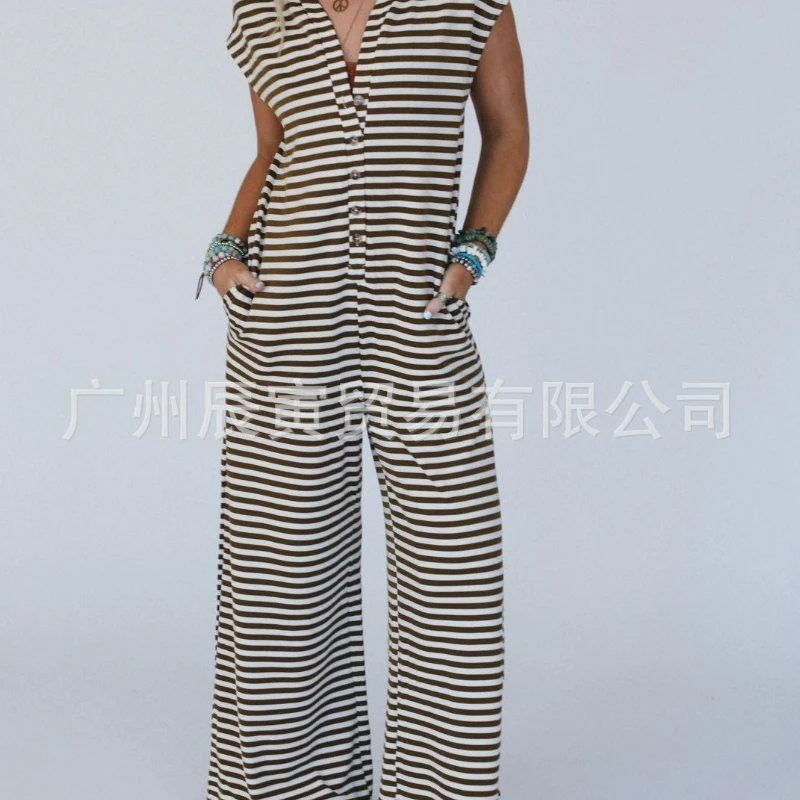 

Women One Piece Striped Jumpsuits Round Neck Sleeveless Rompers Wide Leg Long Pants Overalls Single Breasted Casual Lady
