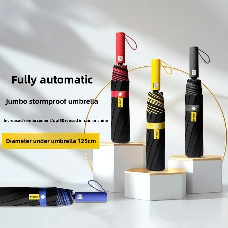 Extra Large Automatic Mega 3-Person Umbrella, Thickened and Reinforced Windproof, Black Glued Rain/Sun Two-in-One Umbrella