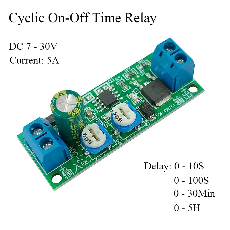 Cyclic Timer Relay Module DC7-30V 5A MOS Adjustable 5s 100s 1800S  5H Delay Switch with Auto On/Off Cycle