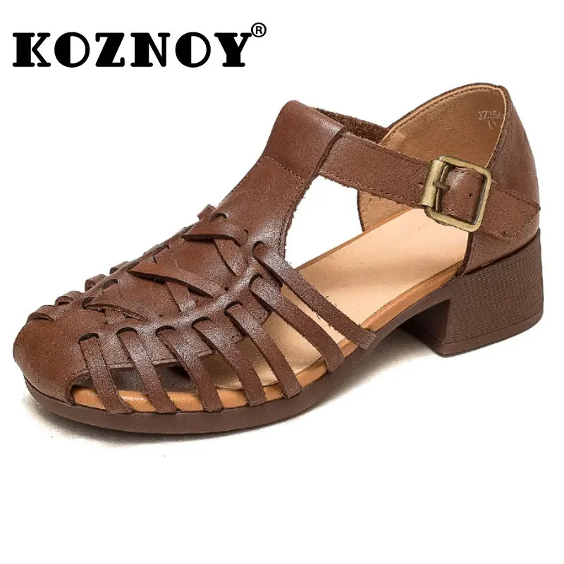 Koznoy Sandal with Flats 4cm Hollow Cow Genuine Leather Women Summer Ethnic Buckle Moccains Fashion Chunky Heels Elegance Shoes