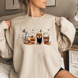 Latte Kaffee Halloween Hexe Schule Sweatshirt fallen Kaffee Kürbis Hoodies Retro Halloween Sweatshirt Vintage Halloween Geschenk Top