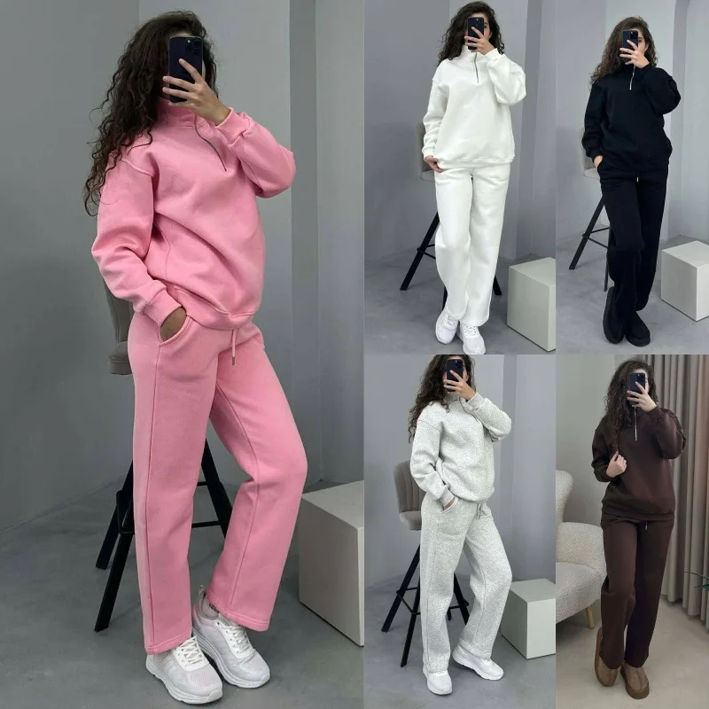 2025 Women,s Sweatirt Pants Set Women's Polyester Fiber Pure Color Tee-piece Set Autumn Wear
