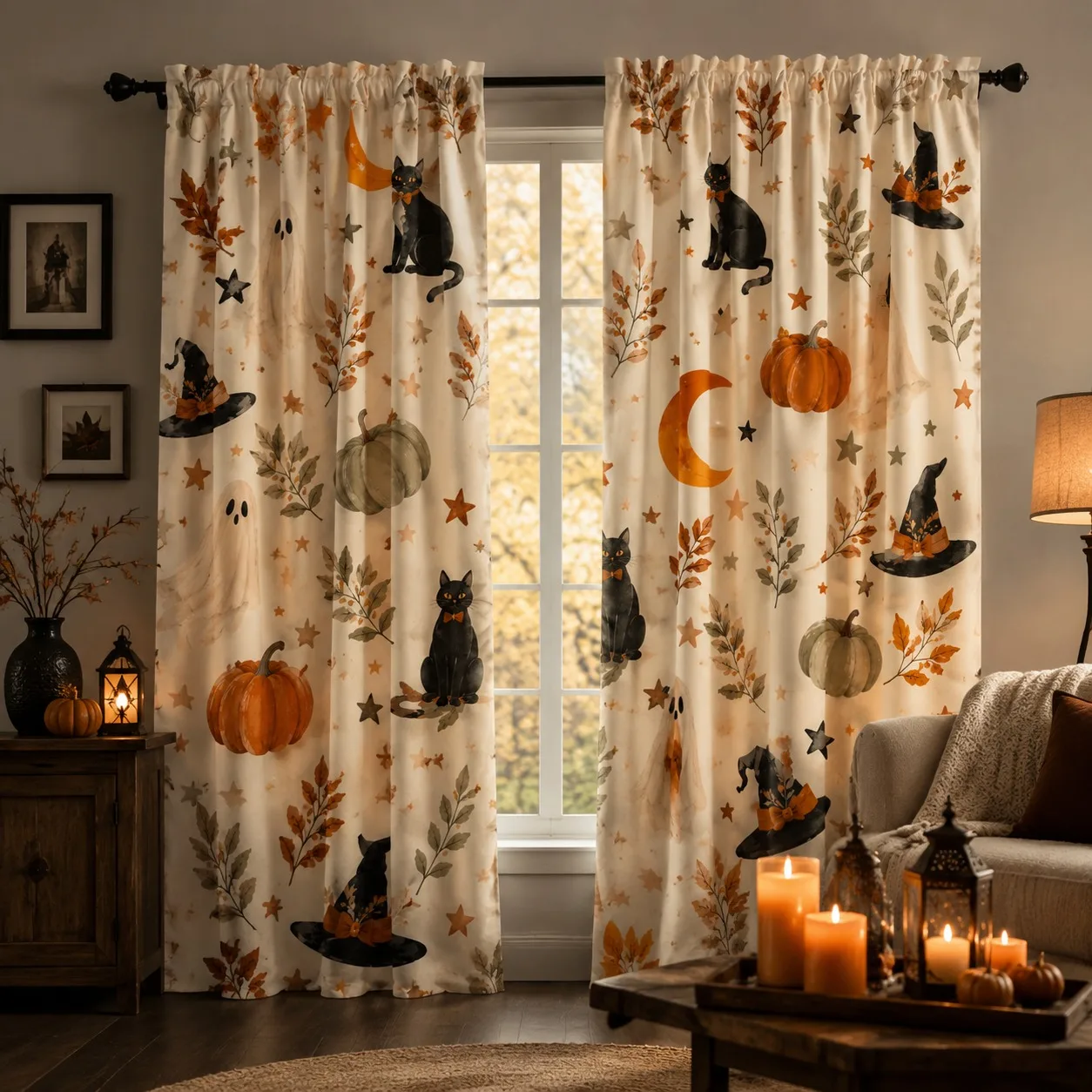 2Pcs Halloween Black Cat Pumpkin Ghost Witch Hat Moon Star Pattern Curtains, Autumn Harvest Decor, Festive Seasonal Home Decorat
