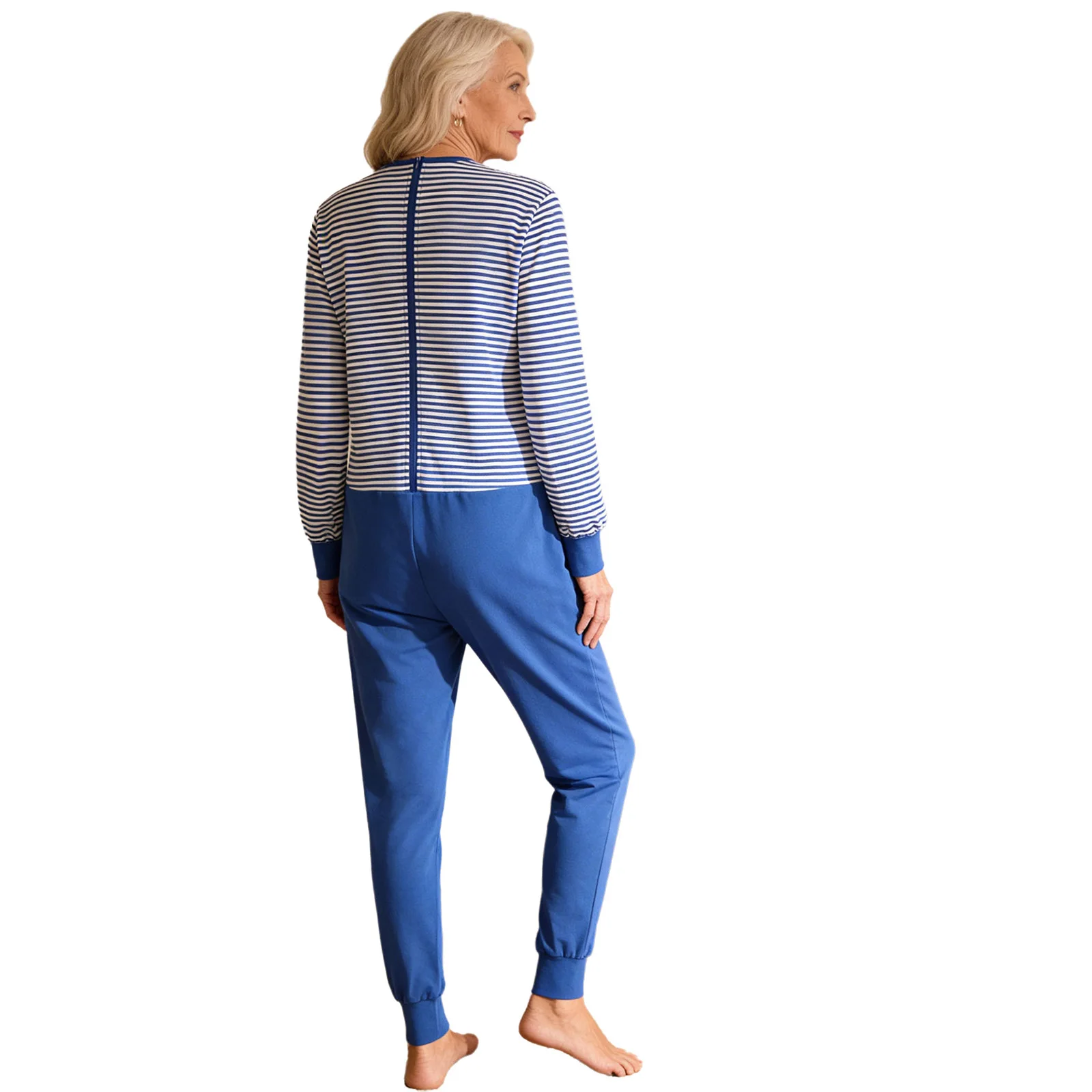 بدلة قطعة واحدة مخططة بأكمام طويلة وسحاب للرجال والنساء المسنين، مقاومة للانزلاق، لذوي الاحتياجات الخاصة والمعاقين