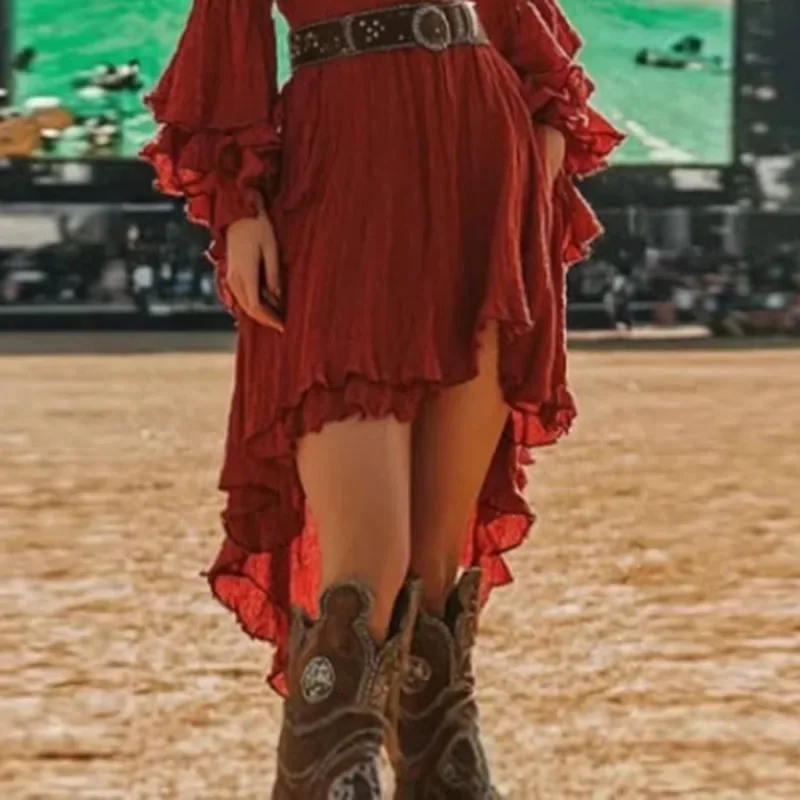 Abito lungo irregolare con volant solido vintage Donna Sexy scollo a V a vita alta Abito Boho Abiti maxi da vacanza con maniche a farfalla autunnali