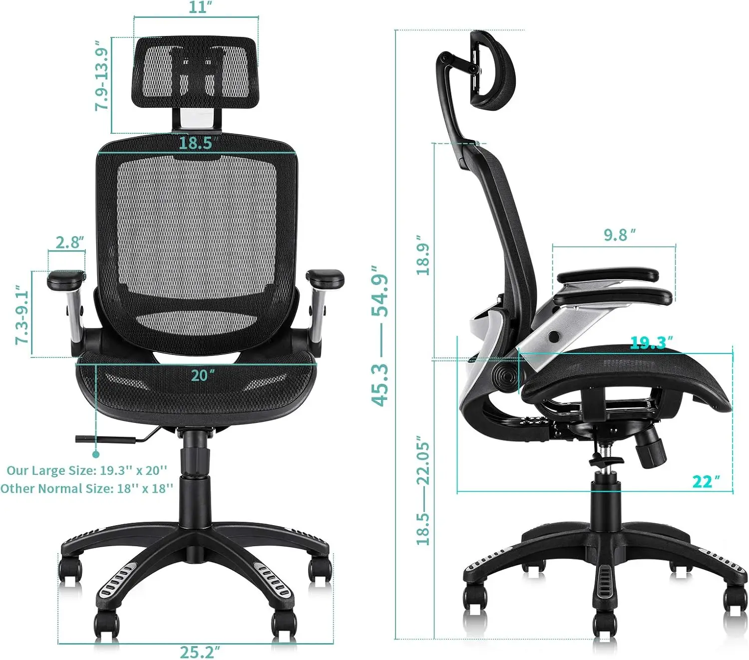 Silla ergonómica de oficina de malla, asiento de escritorio de espalda alta, reposacabezas ajustable con brazos abatibles, función de inclinación, soporte Lumbar