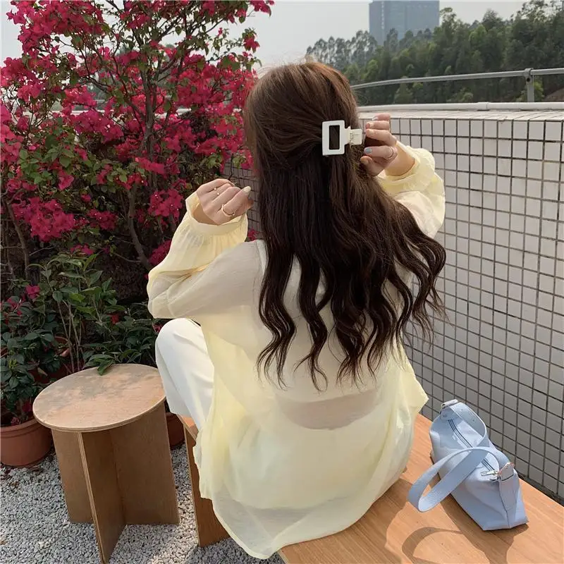 Chiffon Long Sleeve Shirts Women Solid Elegant Sun Protection Breathable Translucent PopularStylish Sexy Fashion Loose Outwear