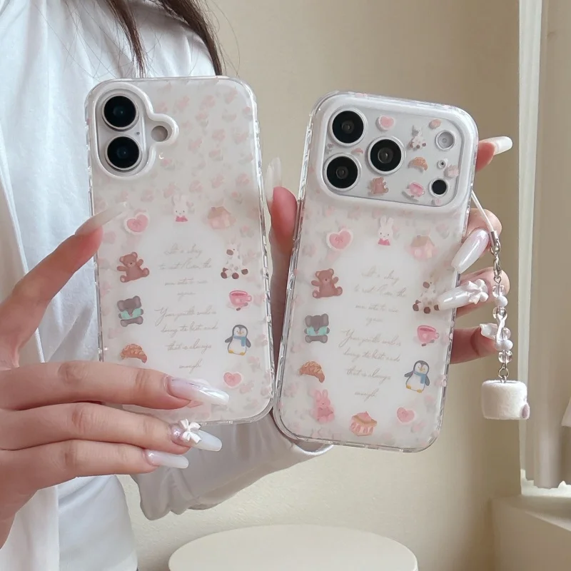 

Korean Flower Painting Miffy Rabbit Animal Phone Case For iPhone 17 Pro 16 15 14 Pro Max Cover with Pendant Cute Cartoon Cases C