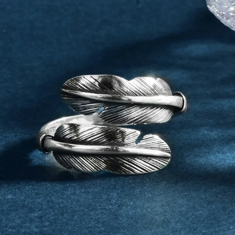 New S925 Silver Vintage Minimalist Hip-hop Roman INS Style Opening Feather Ring Men and Women Gift