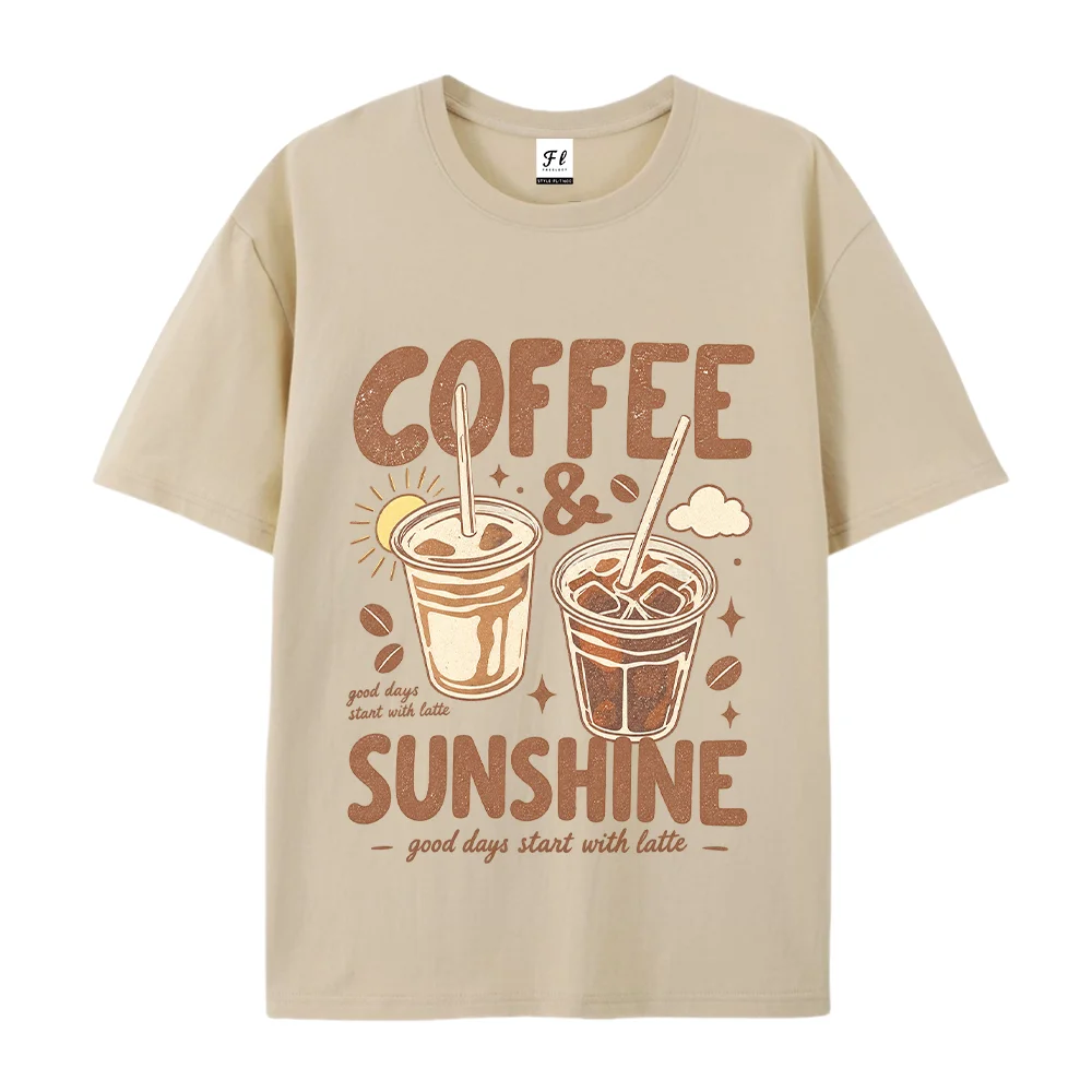 Women T Shirt Coffee Sunshine Graphic Iced Latte Funny Retro Summer Drink White Short Sleeve Loose Cotton Aesthetic Tops