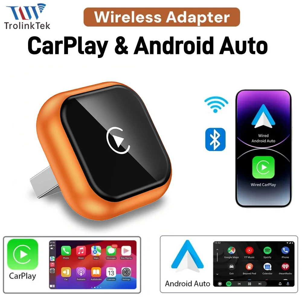 

Беспроводной адаптер 2-в-1 для CarPlay и Android Auto 2026 Upgrate Orange: подключение Plug & Play для интеллектуальных автомобильных систем, универсальный