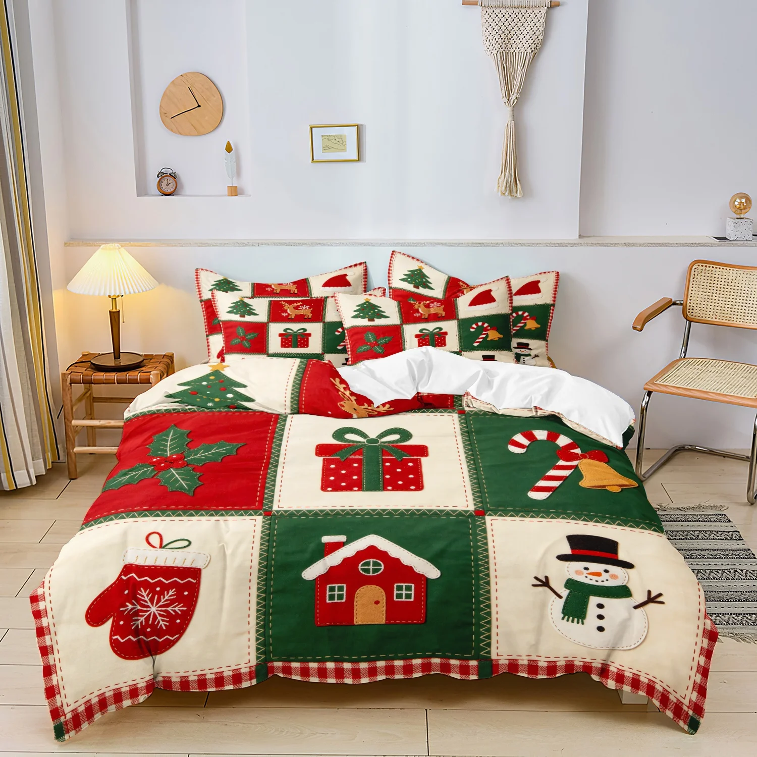 3Pcs Plaid Snowman Gift Box Gingerbread House Candy Cane Holly Print Duvet Cover Set, Geometry Christmas Patchwork Print Bedding
