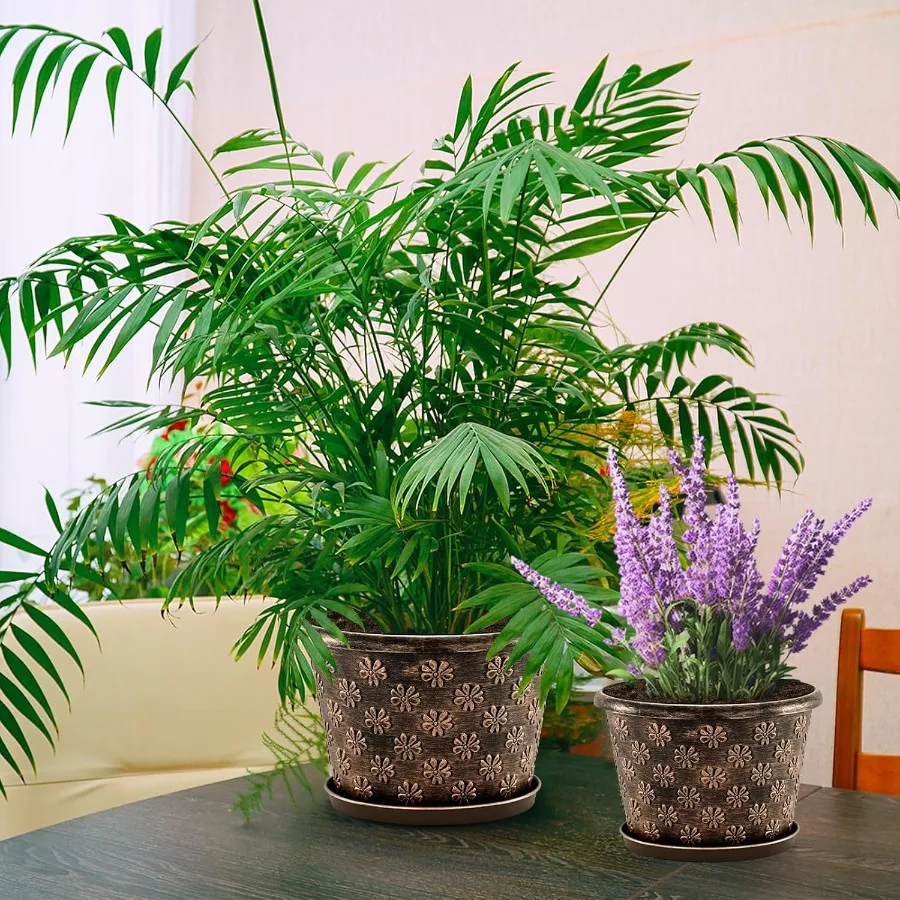 10 Inch Planter Pots for Plants 4 Pack Plastic Large Flower Pots Indoor Outdoor Resin Plant Pot with Drainage Saucer Retro Drat