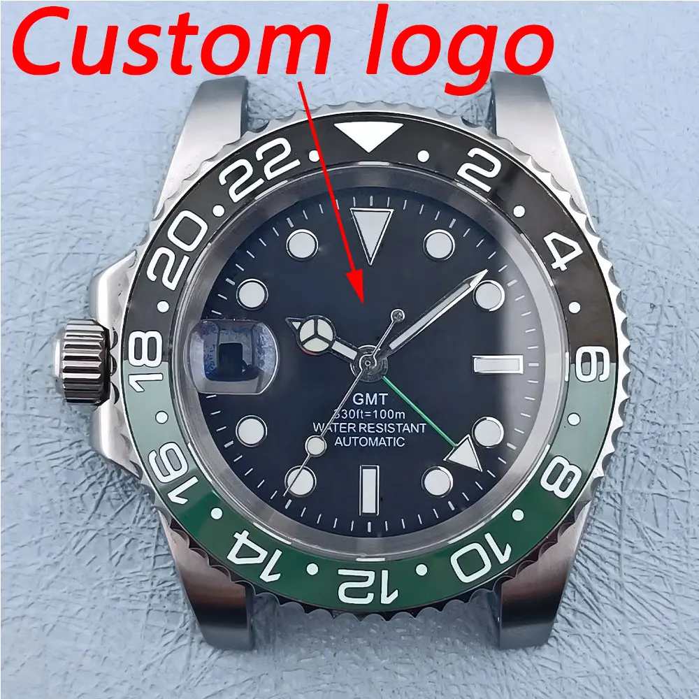 

40mm GMT NH34 9 o 'clock Silver watch case for NH34 movement mounted 316L stainless steel 100m waterproof sapphire glass