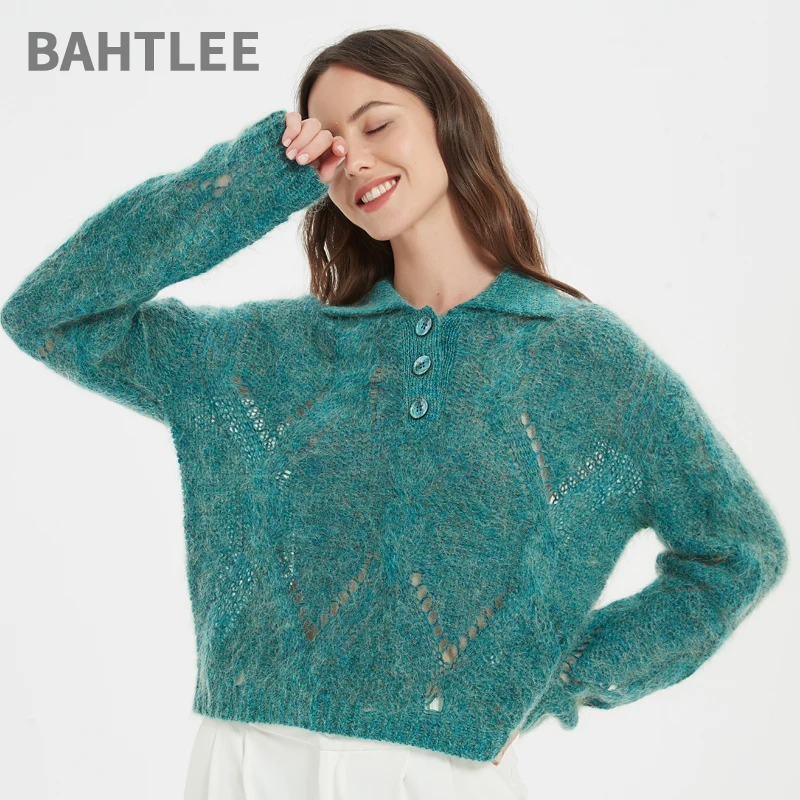 BAHTLEE-Knitted Mohair Sweater for Women, Wool Jumper, Long Sleeves, Turn-Down Collar, Loose Style, Hollow Out Design, Autumn