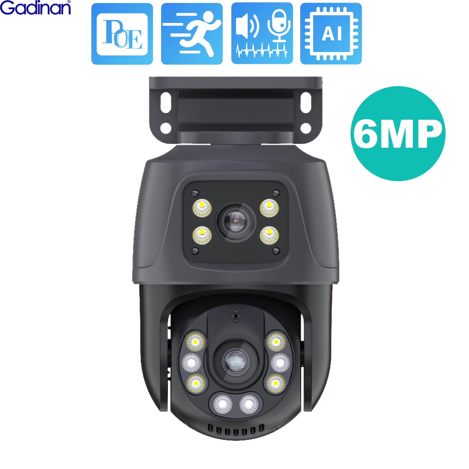 Gadinan 6MP Dual Lens POE IP Camera PTZ Dual Screens Smart Wired Video Surveillance Auto Tracking Motion Detection CCTV Onvif