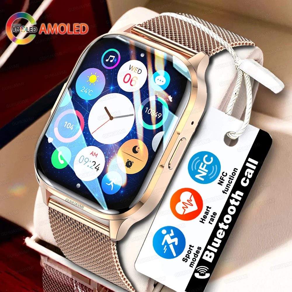 NFC Smart Watch AMOLED HD Screen Bluetooth Call Sport Watch Blood Pressure Custom dial Women Smartwatch For ios Huawei Xiaomi