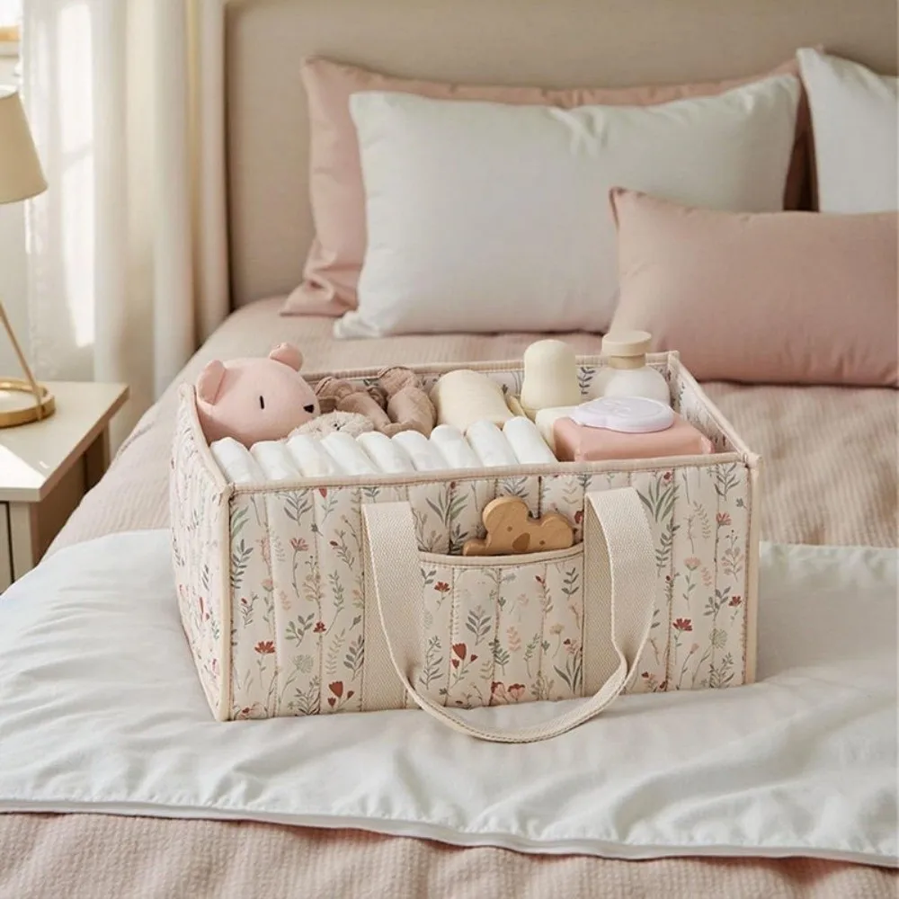 Large Capacity Baby Diaper Organizer Floral Beige Multifunctional Nursery Storage Basket Multi-Pocket Portable