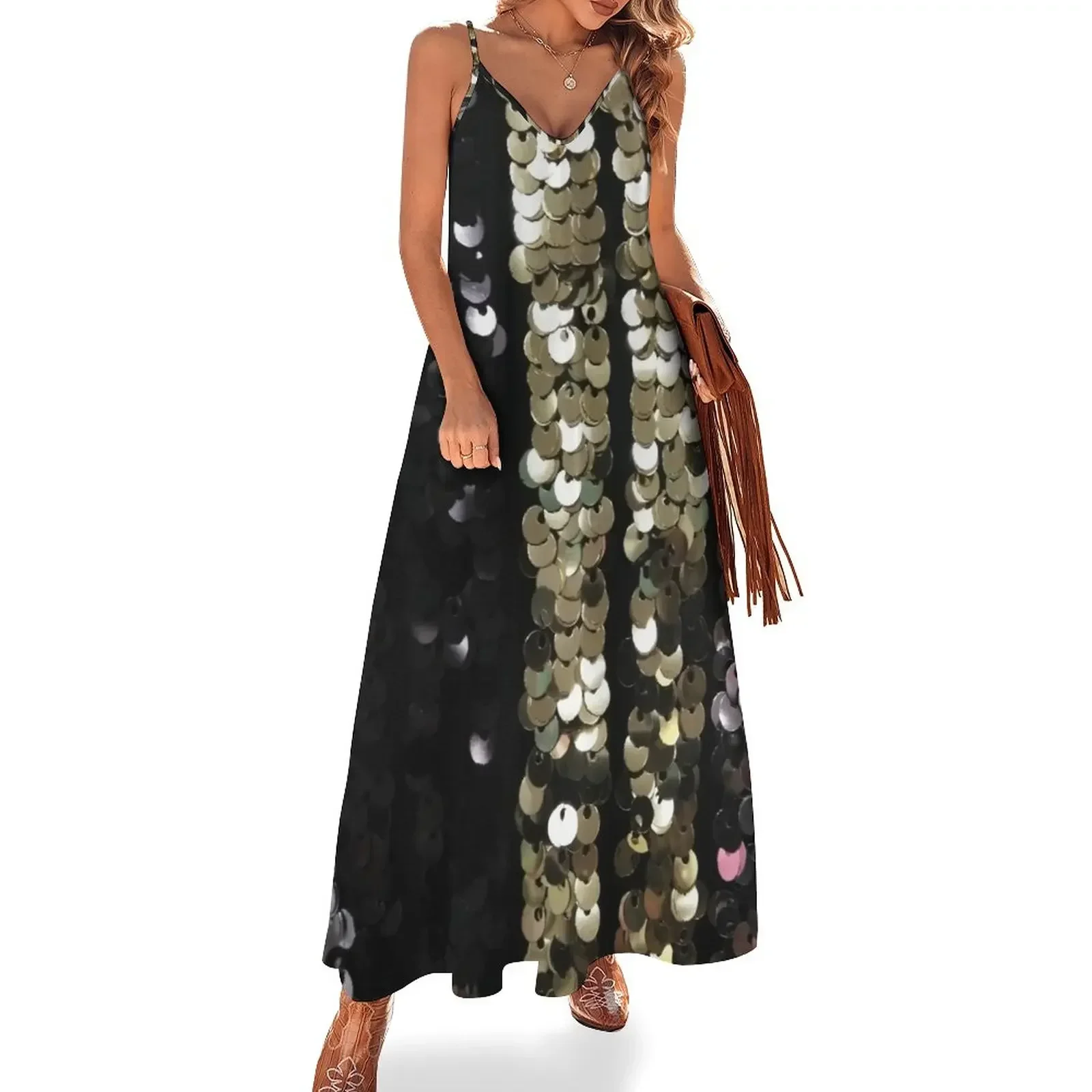 Sequins in Black, Gold and Silver Sleeveless Dress Summer dresses for women Women's skirt Dress