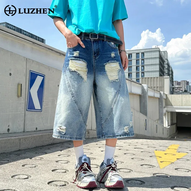 

LUZHEN Personalized Patched Decorate Gradient Washed Straight Jeans Men's 2025 Summer High Quality Street New Denim Pants JY3141