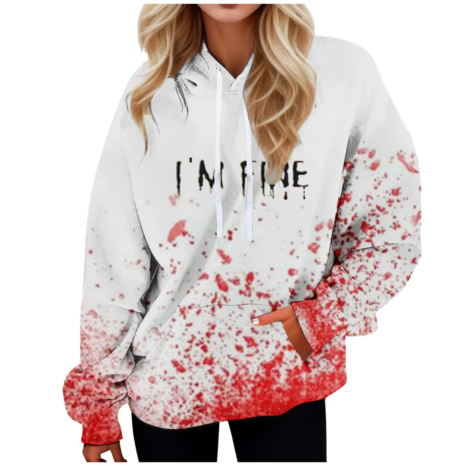 

I'M Fine Letter-Printed Women'S Halloween Hoodie Long Sleeve Drawstring Pocket Hoodie Casual Hoodie Fashion Trend Hoodie