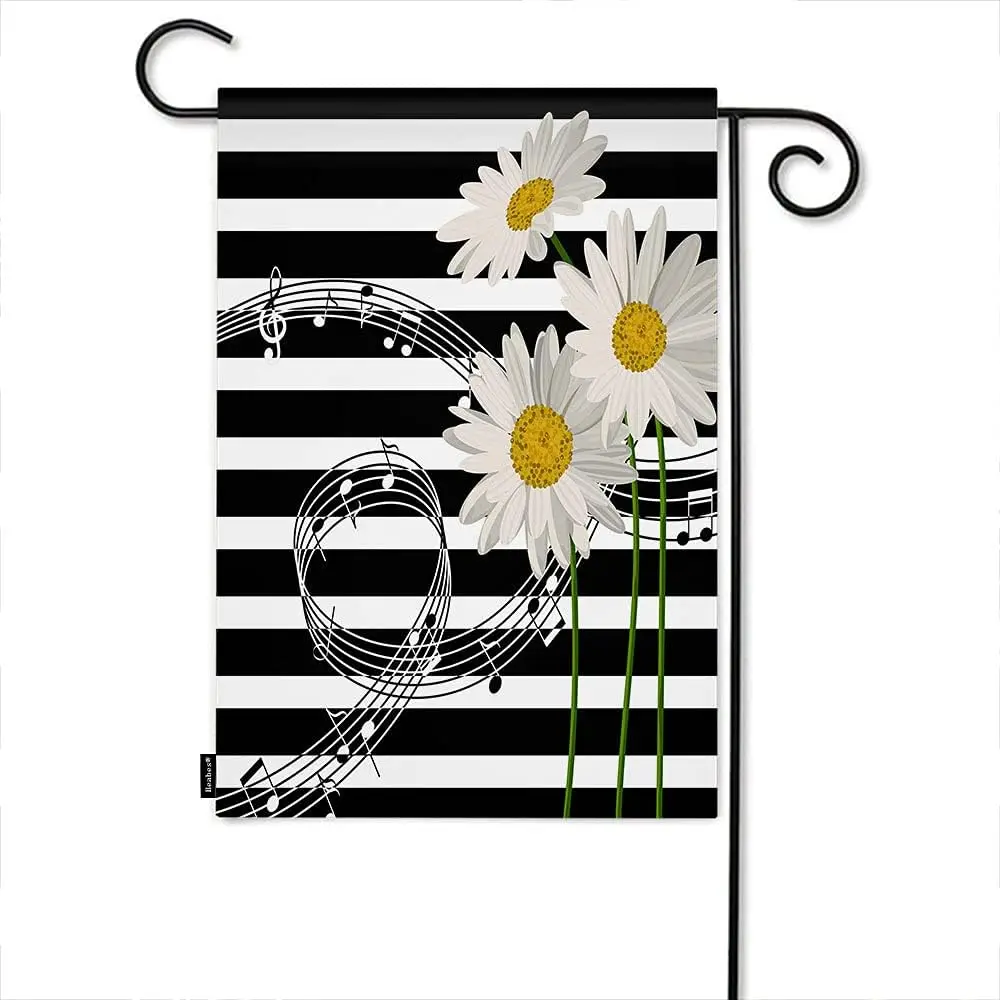 Beabes Daisies Garden Flag Music Notes Beautiful Daisies On White Black Stripe Confetti Field Welcome Yard Flag Banner Garde hhz