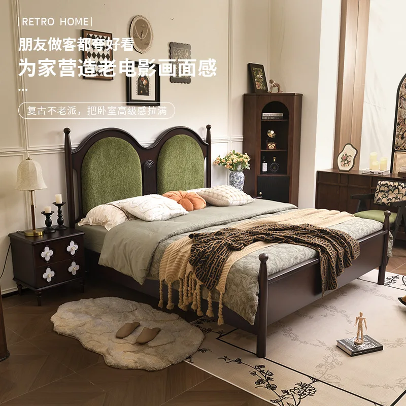 Solid wood bed, 1.8-meter double bed, soft bedding, comfortable master bed, large  fabric