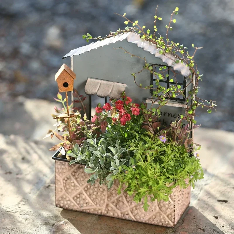 Pink Retro Small House Appearance Flowerpot Home Balcony Groceries Decoration Courtyard Garden Horticultural Cultivation Basin