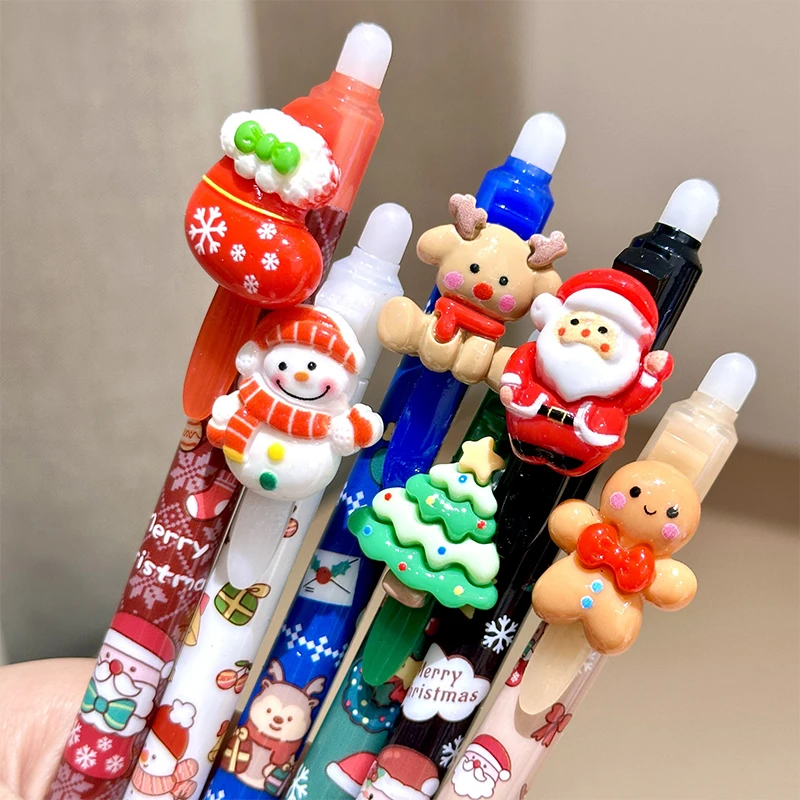 Stylos gel de pressage de Noël mignons, stylos effaçables à séchage rapide Kawaii, fournitures scolaires de bureau, cadeaux de papeterie esthétiques, 6 pièces