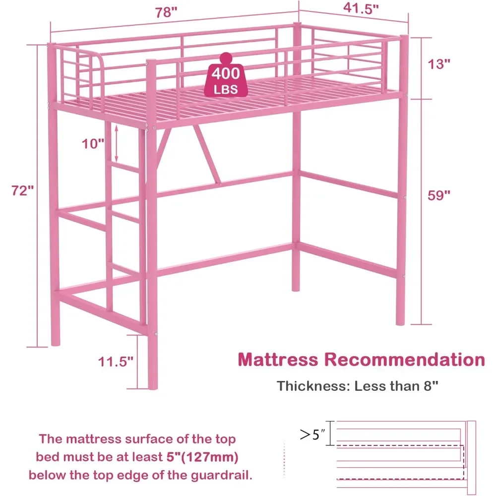 Metal Loft Bed Twin Size,with Removable Ladder and Safety Guardrail, Space-Saving, Noise Free Heavy Duty Bedframe