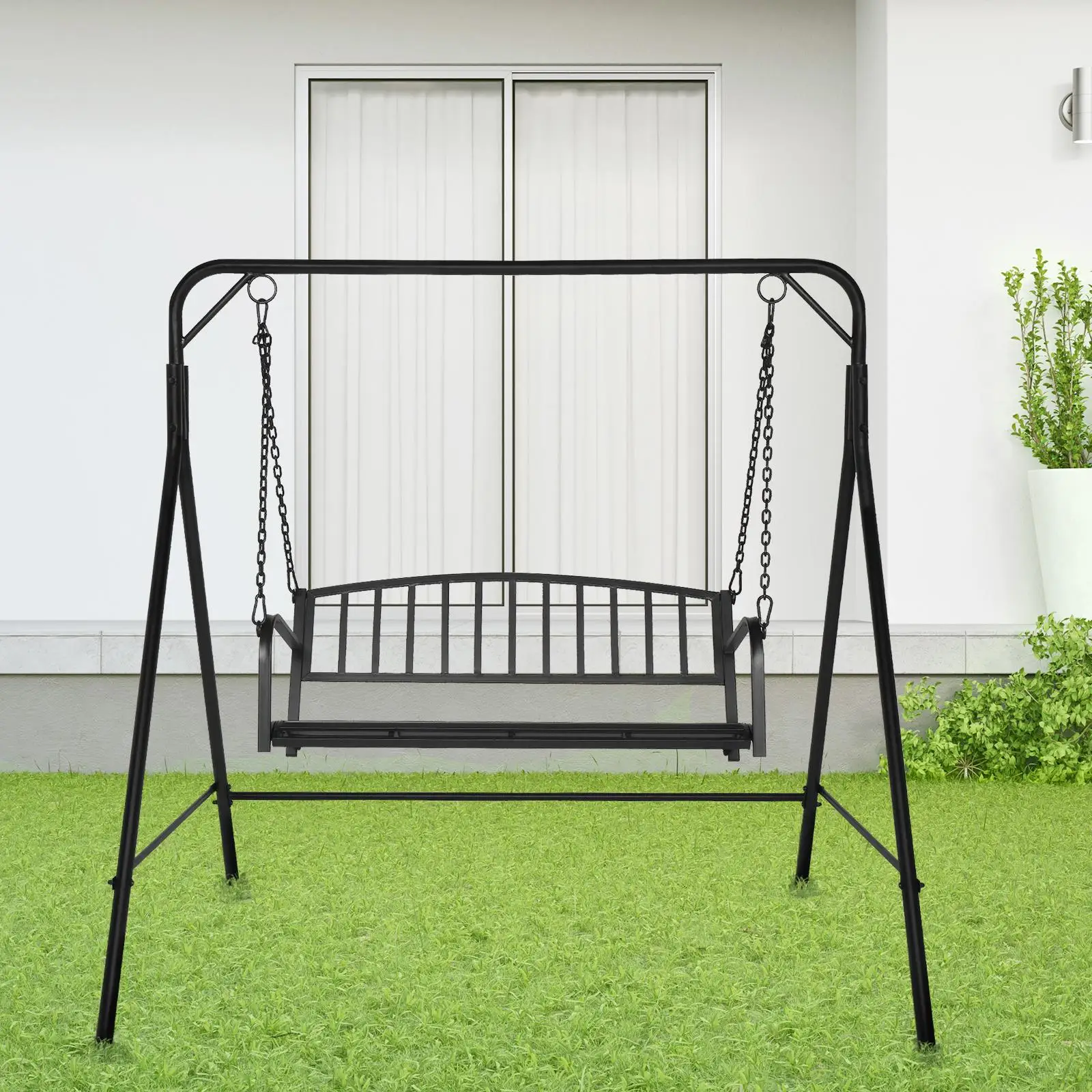 200kg Capacity Iron Art Swing with Vertical Bar Backrest - 118x46x47cm, Black - Chain Included (Frame Not Included)