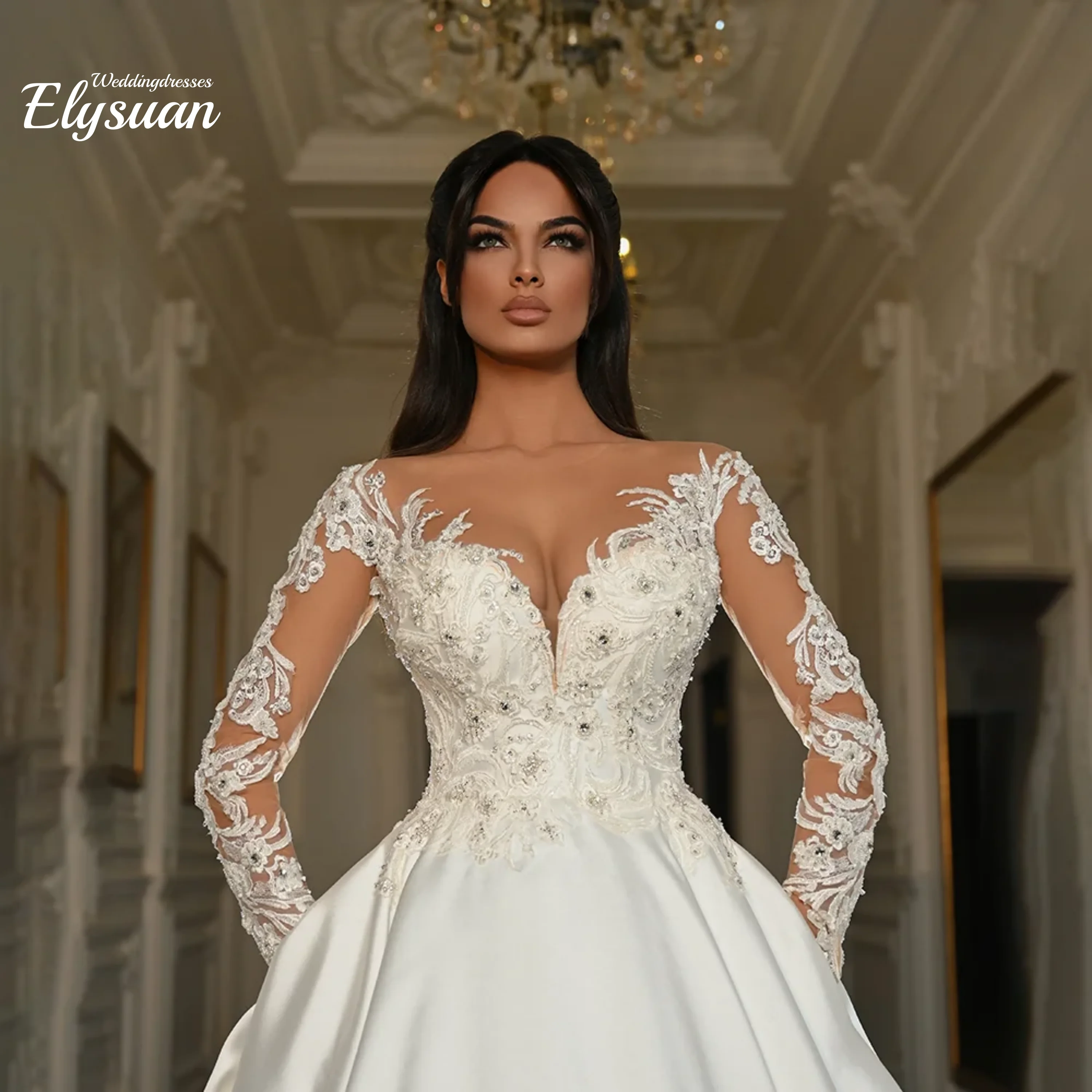 Gaun Pengantin Mewah Custom, Kerah Sweetheart, Aplikasi Renda, Lengan Panjang, Satin, Model A-Line, Sweep Train