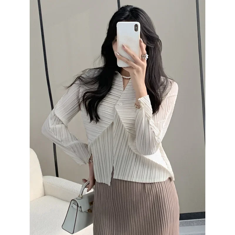 Miyake Slim Women's Shirt Korean Fashion Pleated Jacket 2024 Autumn and Winter New Commuter Peplum Long Sleeve Jacket