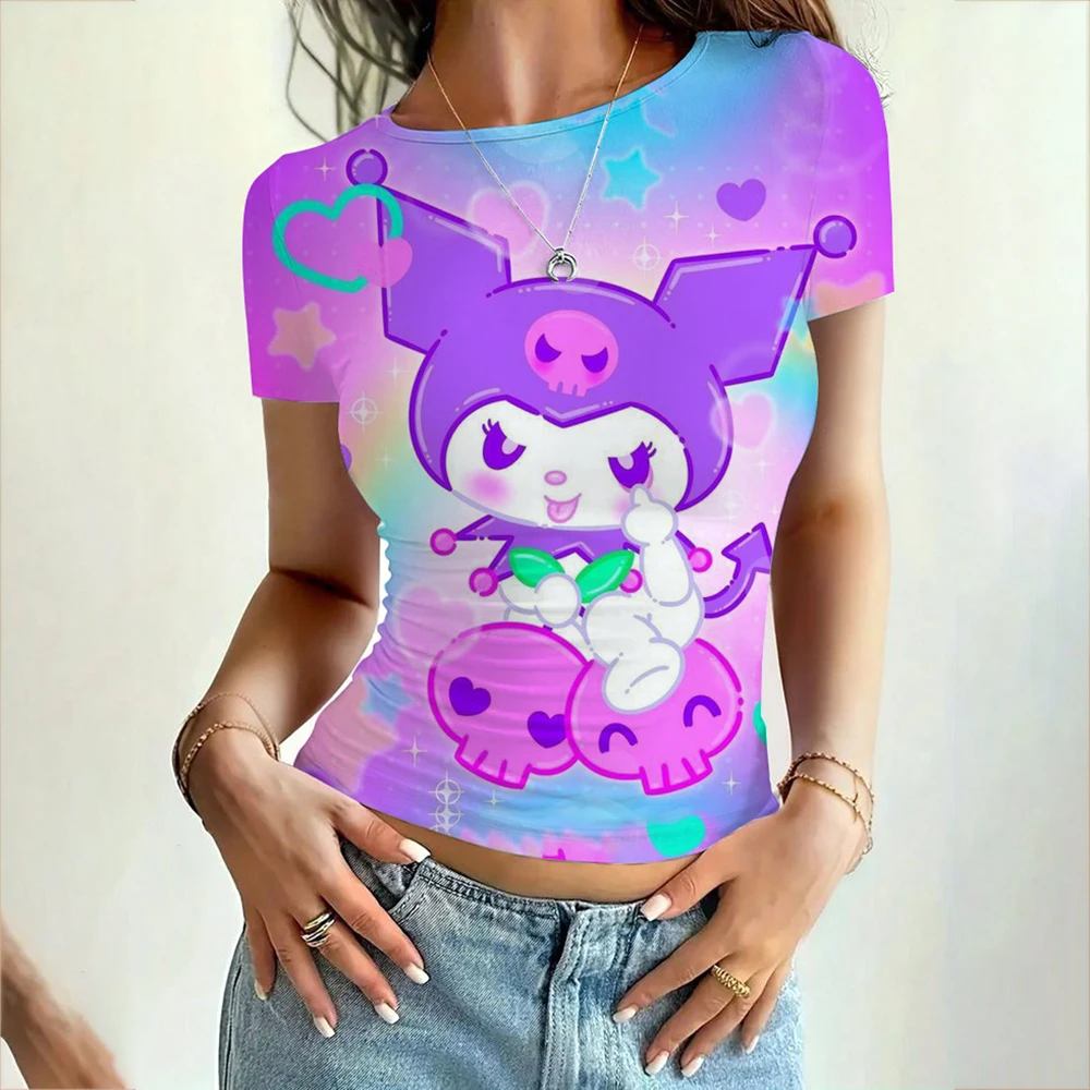 Summer slim fit T-shirt women's Hello Kitty printed top pullover, street wear Y2k retro basic T-shirt women's T-shirt casual