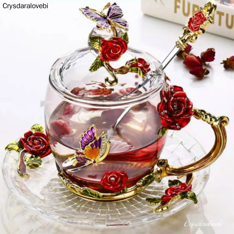 Red Rose Enamel Glass Coffee Mugs Tea Cups and Mugs Handmade Heat Resistant Glasses Water Cup Drinkware Lover Gift Wedding Cup