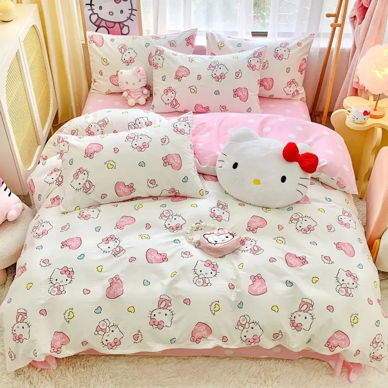 Hello Kitty Kuromi Cinnamoroll anime cartoon pure cotton four-piece set creative kawaii quilt cover sheets children's bedding