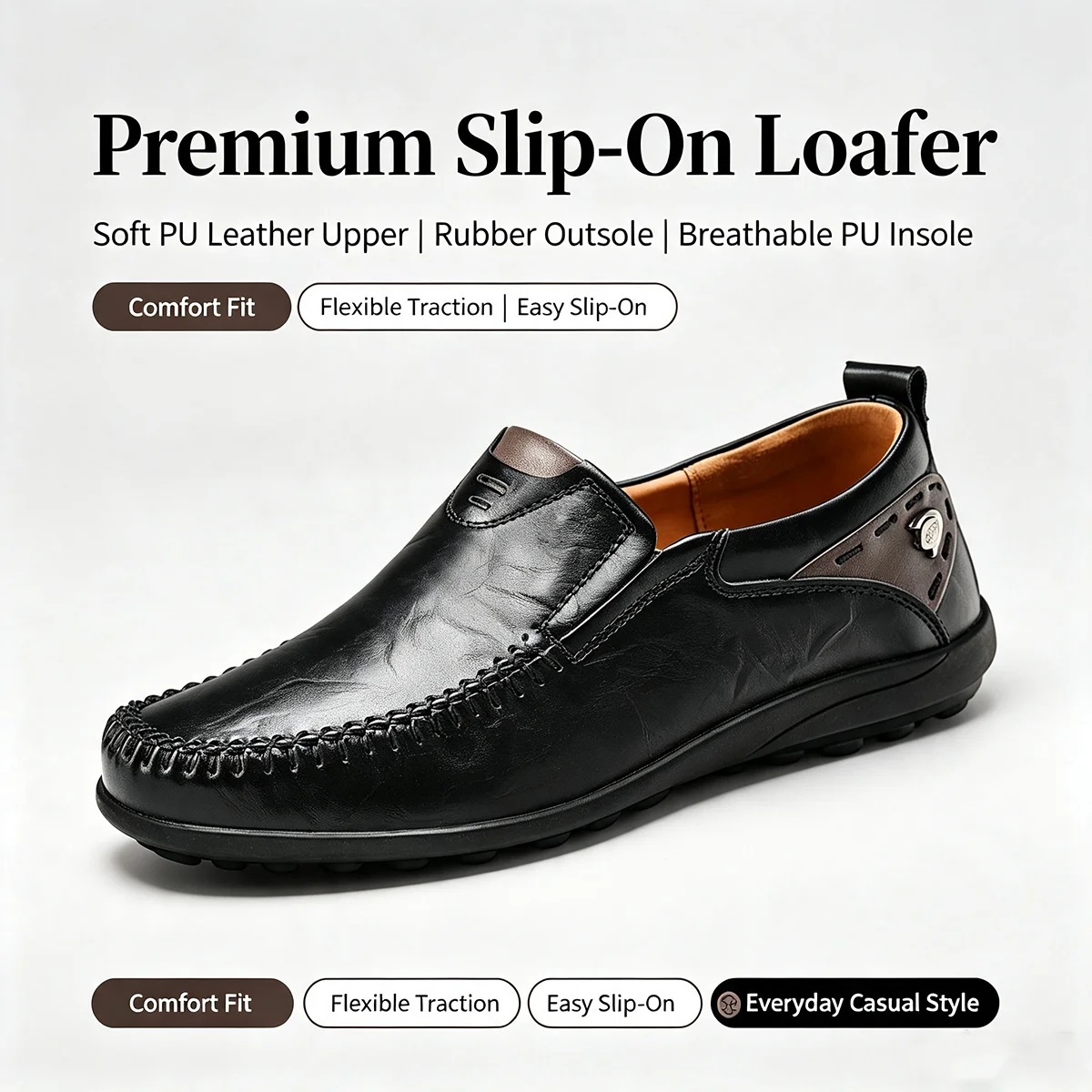 Autumn and Winter Men's Outdoor Casual Walking Shoes, Soft Pu Leather Fashionable Black Slip-On Men's Shoes, Rubber Soles with Good Grip, Outdoor Commuting Driving Loafers, Men's Hiking Shoes, Loafers
