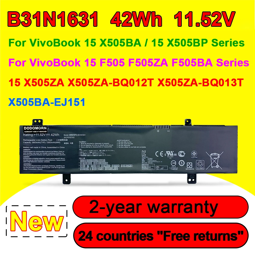 

New B31N1631 Laptop Battery For ASUS VivoBook 15 X505ZA X505BA X505BP F505 F505ZA F505BA X505ZA-BQ012T X505BA-1A 42WH