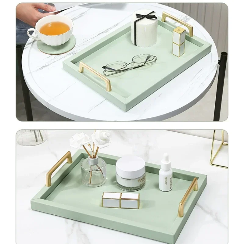 

Leather Storage Tray Desktop Home Decorate Table Organizer Plate for Food Tea Cosmetics Jewelry Sundries Tray with Metal Handle