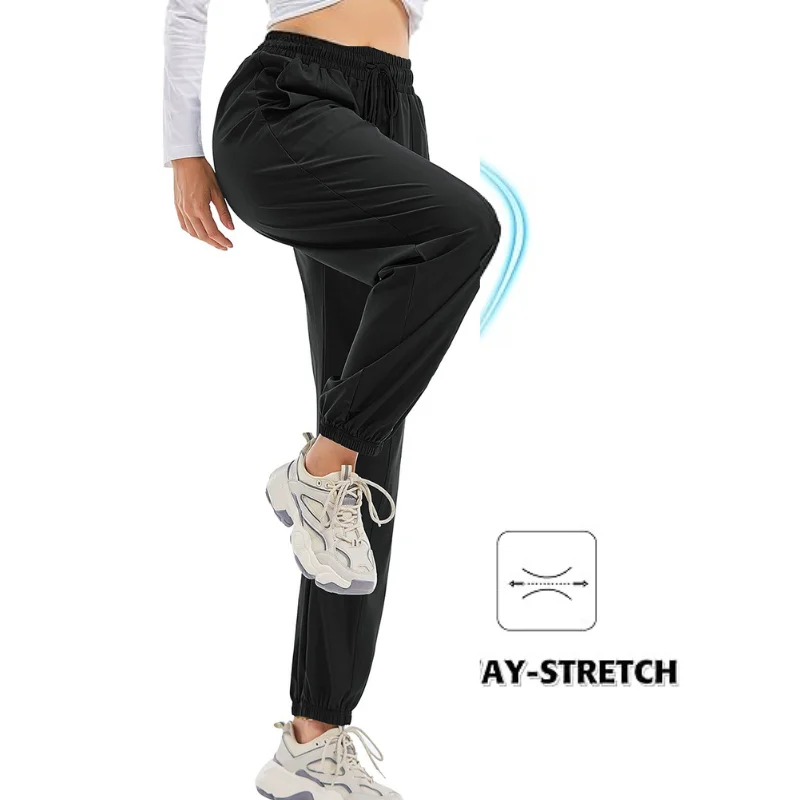 Anfilia Women Casual Pants Quick Dry High Elastic Waist with Drawstrings Pockets Ankle Cuff Loose Fitting Running Sports Pants image 2