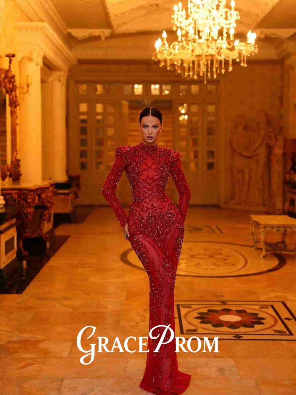 

GraceProm Gorgeous High-Neck Evening Dress 2026 Shimmering Rhinestone Carpet Gown Fashion A-Line Floor-Length Party Gown فسا