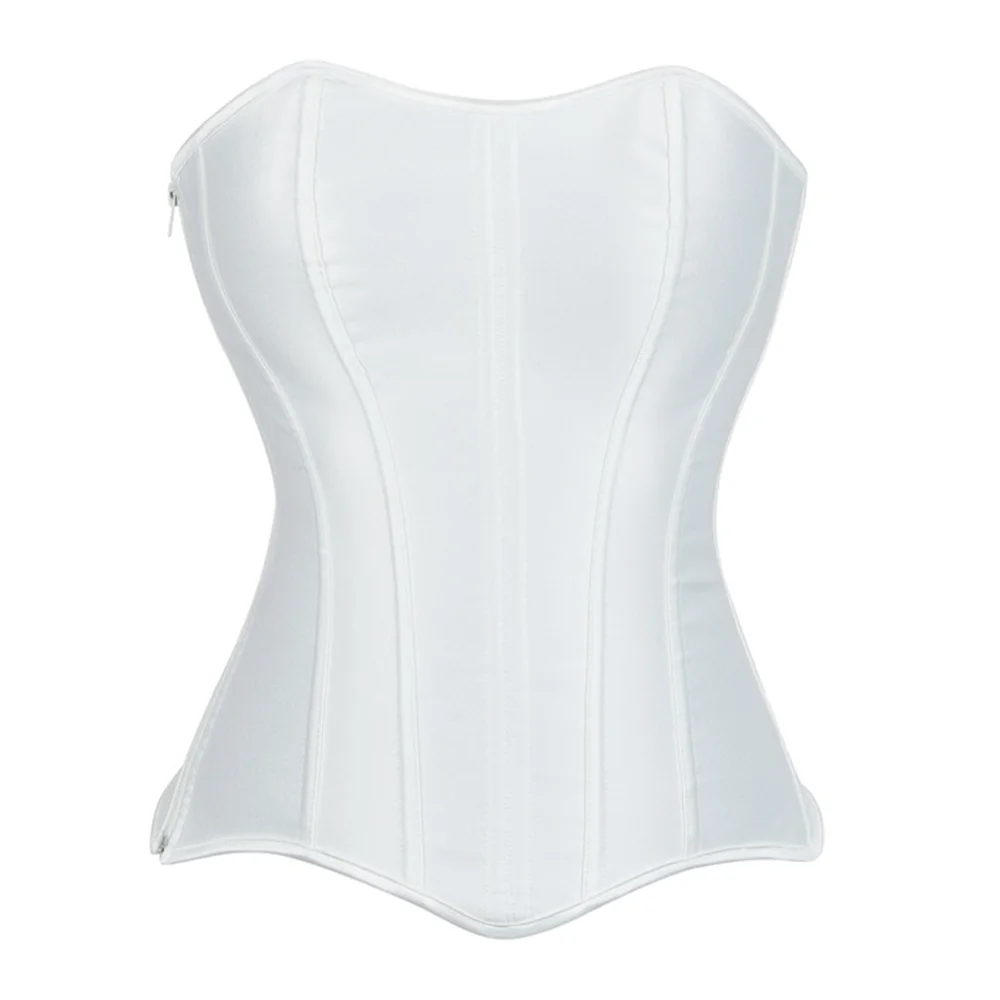

White Satin Women Corset Top Side Zipper Waist Trainer Bustier Overbust Push Up Shaper Corsets
