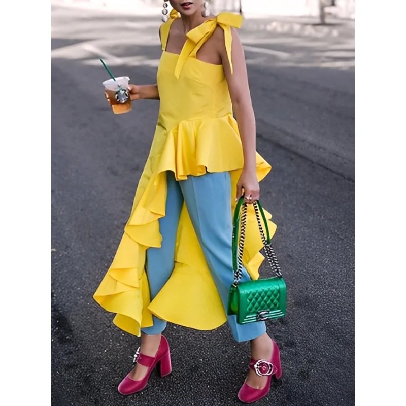 Tuhle amarelo plus size vestidos femininos 2025 verão 100 algodão irregular babados festa sem costas cinta de espaguete midi vestido 183109