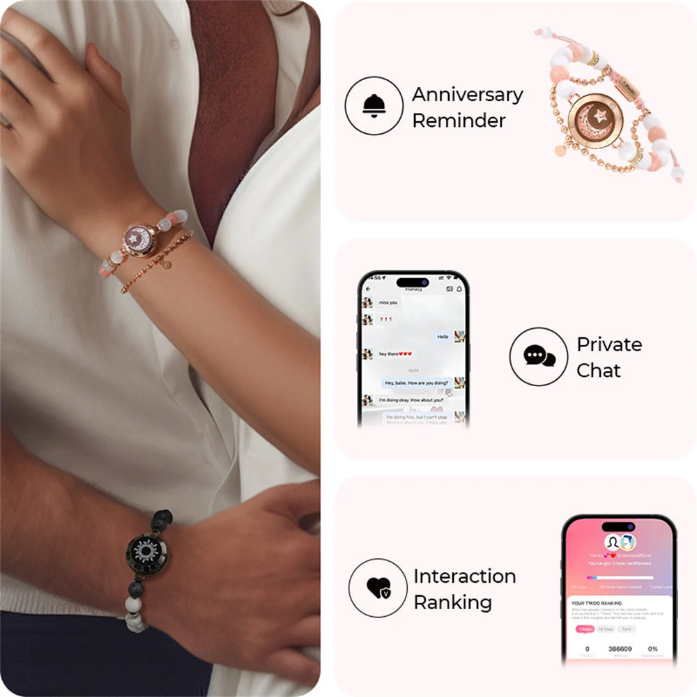 TOTWOO Long Distance Bracelets For Couples Vibration & Light Up Bracelet,Sun & Moon Touch Bracelets