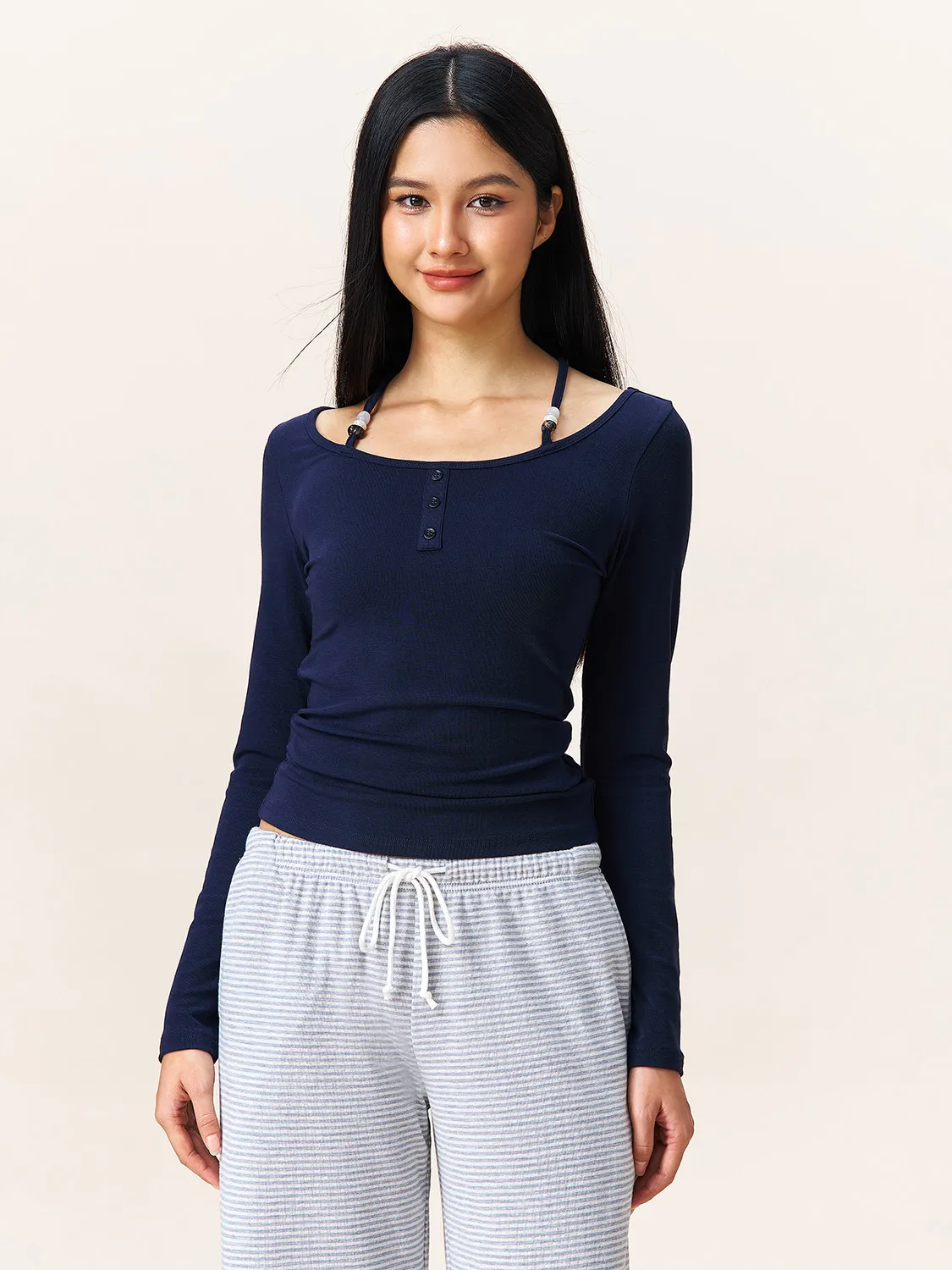 

YESCCI Women's Tee 2026 Summer New Halter Round Neck Long Sleeve Top Sweet Off Shoulder Casual Slim Fit T-Shirt Women S56112636