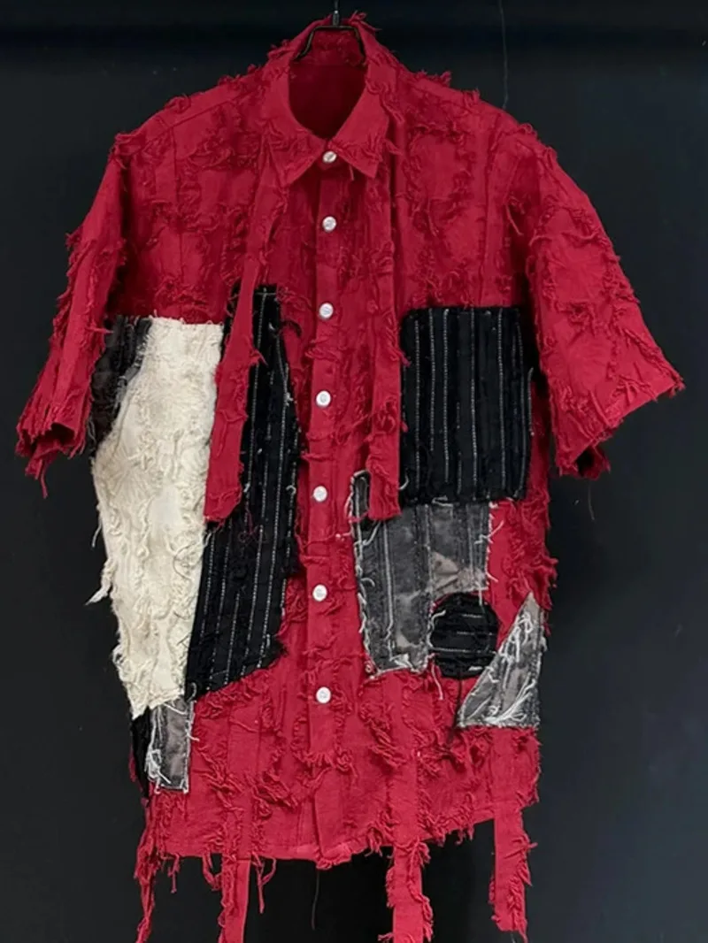 Niche Trend Short-sleeved Male Shirt Loose Silhouette Personality Patchwork Decoration Single-breasted Men Shirts D35R